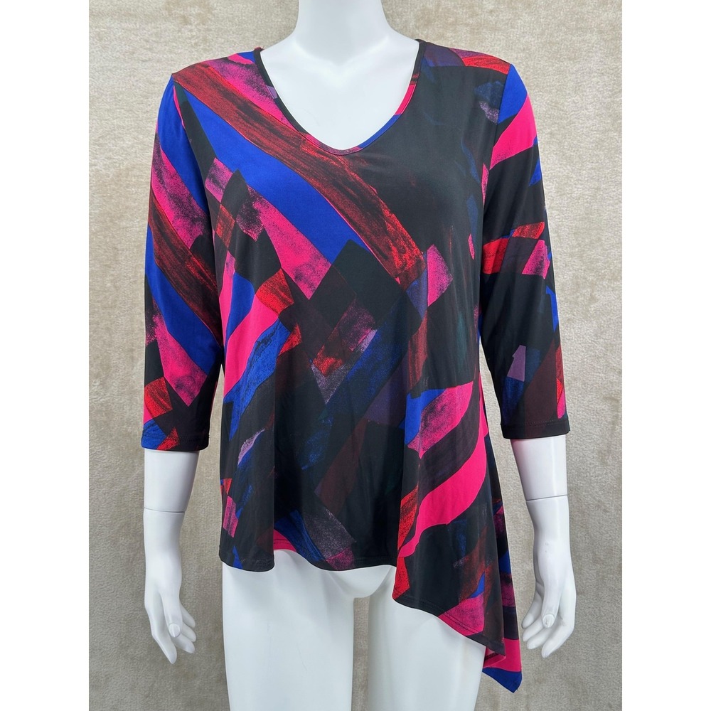 Clara Sun Woo Top Womens Large Black Pink Asymmetrical Tunic Artsy Abstract